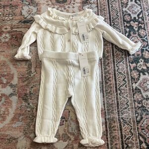 NWT! Janie and Jack Cream Cable-Knit Ruffle Collar Cherry Buttons Baby Set